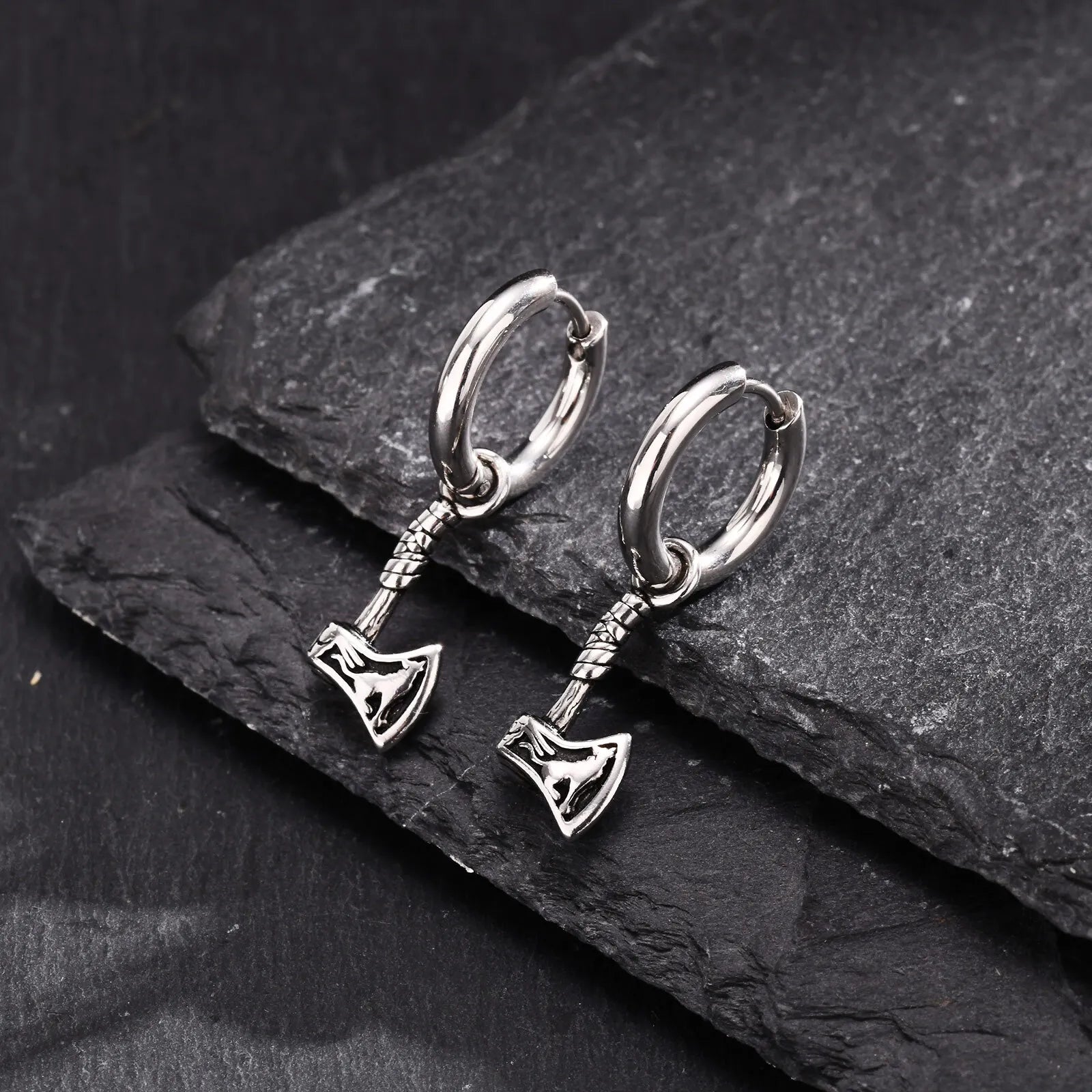 Vnox Viking Axe Hoop Earrings for Men, Stainless Steel Drop Dangle Ear Jewelry, Retro Norse Mythology Hatchet Jewelry Gift