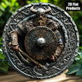 2D Flat Viking Warrior with Horned Helmet & Axe Round Tin Sign - Norse Mythology Celtic Knot Shield Art Metal Wall Decor for Hom