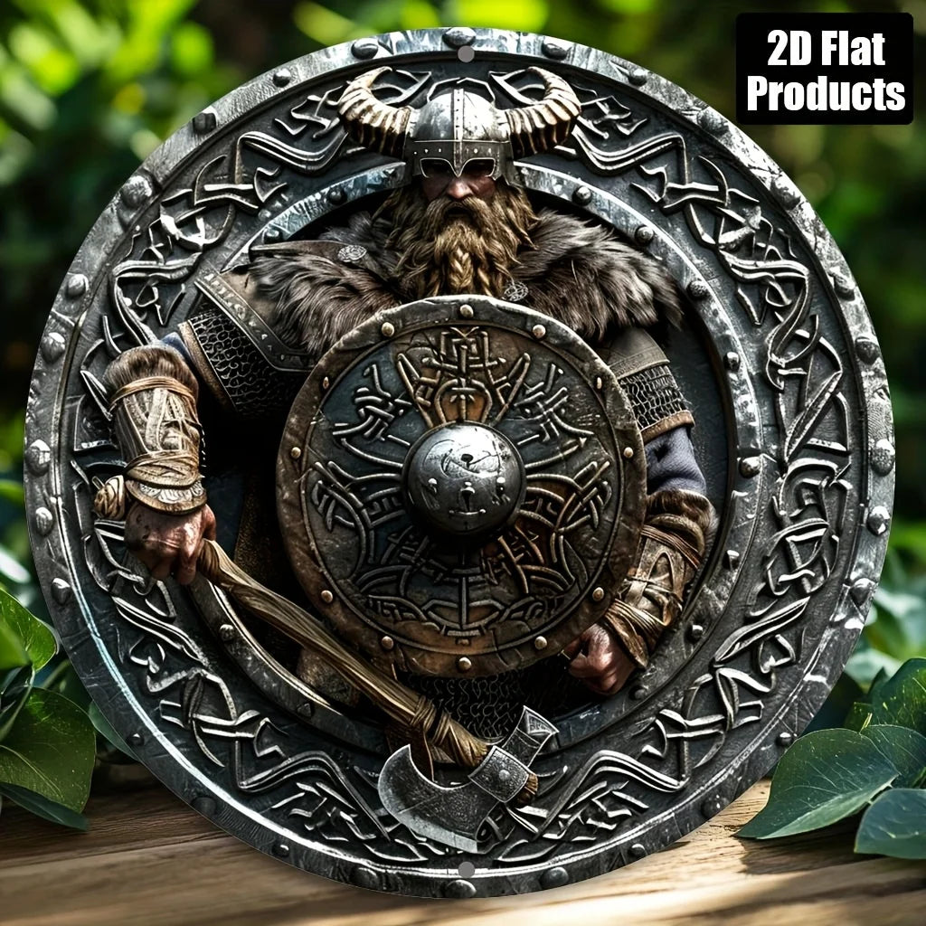 2D Flat Viking Warrior with Horned Helmet & Axe Round Tin Sign - Norse Mythology Celtic Knot Shield Art Metal Wall Decor for Hom