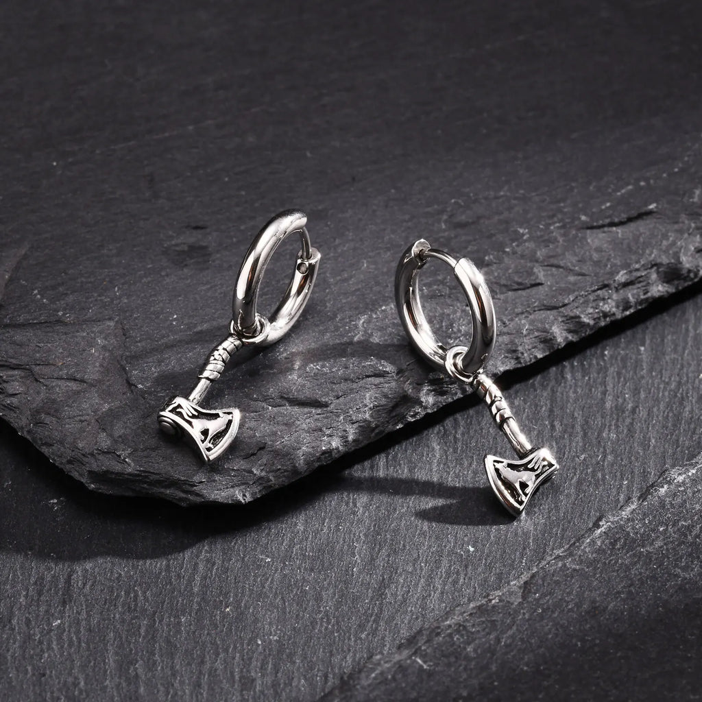 Vnox Viking Axe Hoop Earrings for Men, Stainless Steel Drop Dangle Ear Jewelry, Retro Norse Mythology Hatchet Jewelry Gift