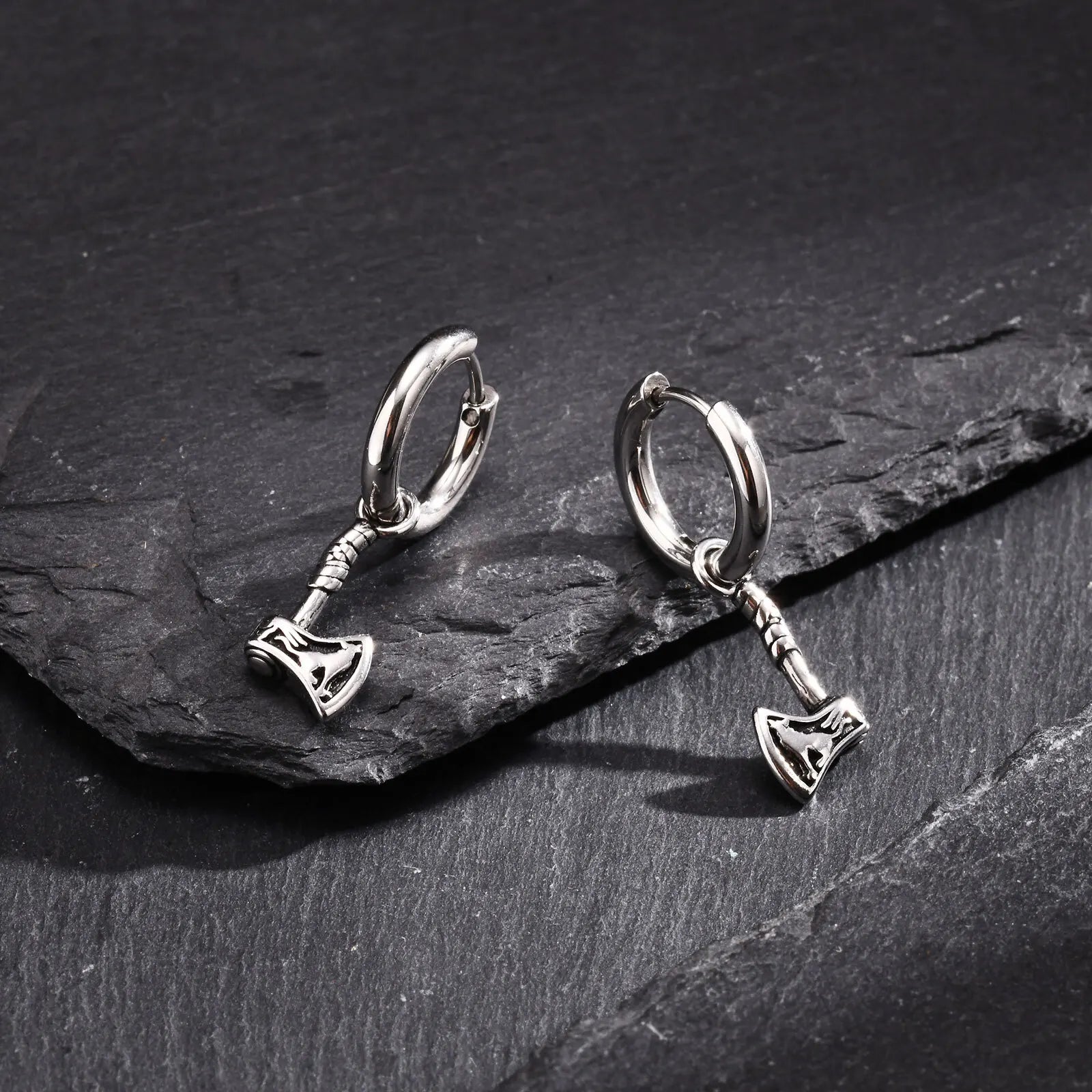 Vnox Viking Axe Hoop Earrings for Men, Stainless Steel Drop Dangle Ear Jewelry, Retro Norse Mythology Hatchet Jewelry Gift