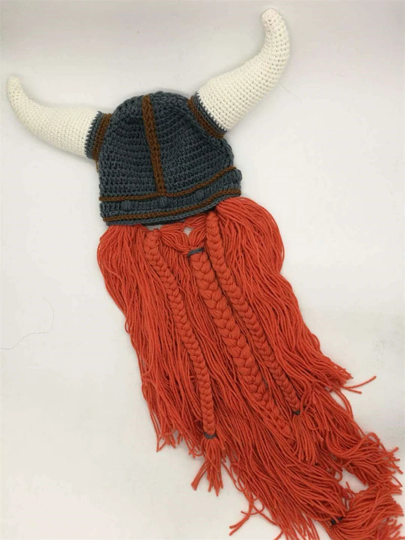 Viking Horn Hat with Detachable Beard — Knit Winter Beanie for Cosplay & Parties
