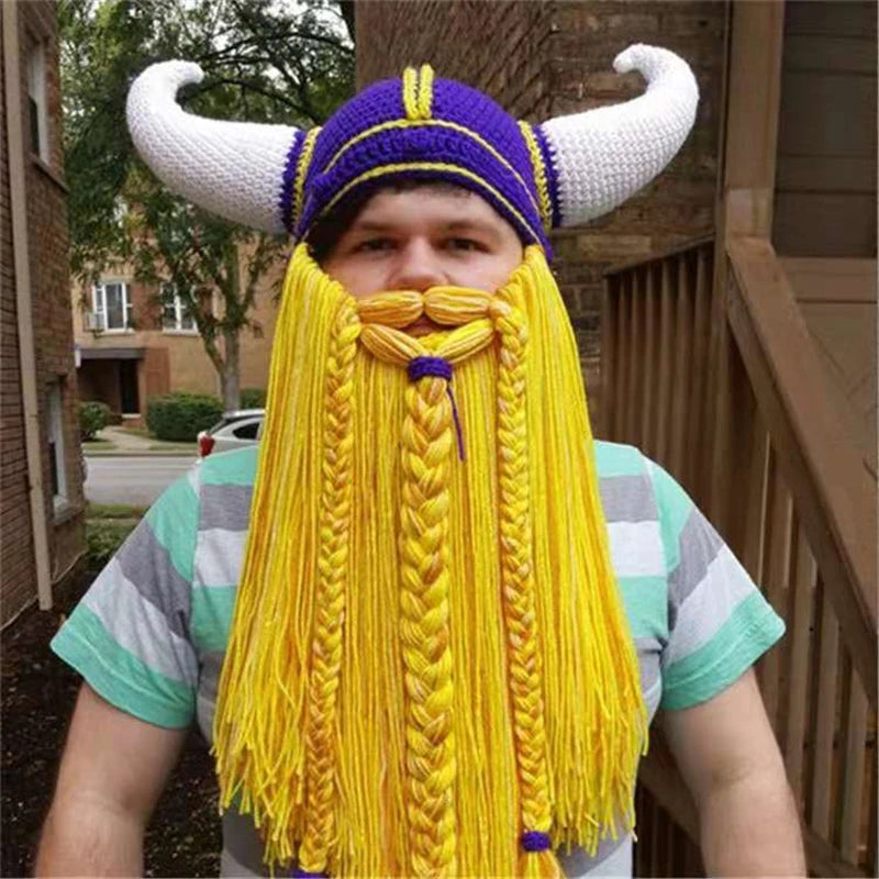 Viking Horn Hat with Detachable Beard — Knit Winter Beanie for Cosplay & Parties