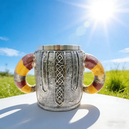 450ml/15oz Viking Skull Beer Mug, 3D Ram Horn Warrior Tankard, Resin Coffee Cup with Stainless Steel Liner, Gothic Drinking Cup