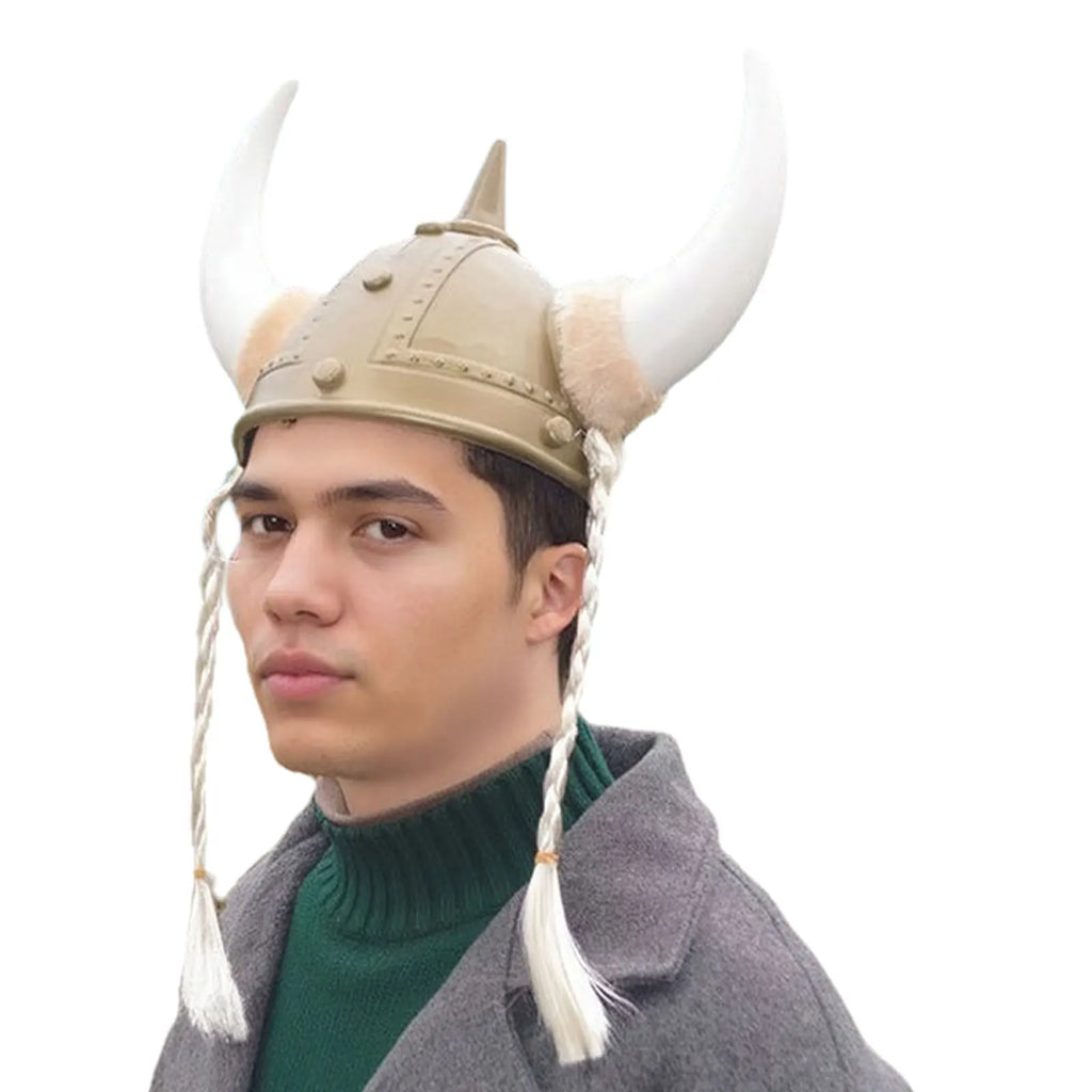 Adult Men Women Viking Horn Hat Helmet with Braids Plastic Medieval Warrior Knight Hat Halloween Cosplay Masquerade Ox Decors