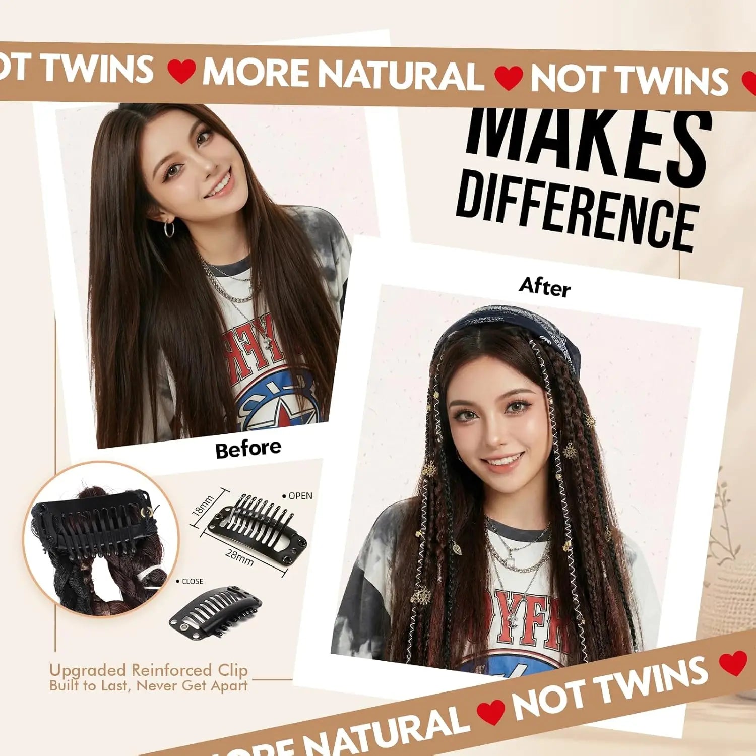 Clip in Braid Hair Extension Boho Dreadlocks Extensions with Beads & Charms 2Pcs 16in Hand-Woven Synthetic Viking Hair for Women