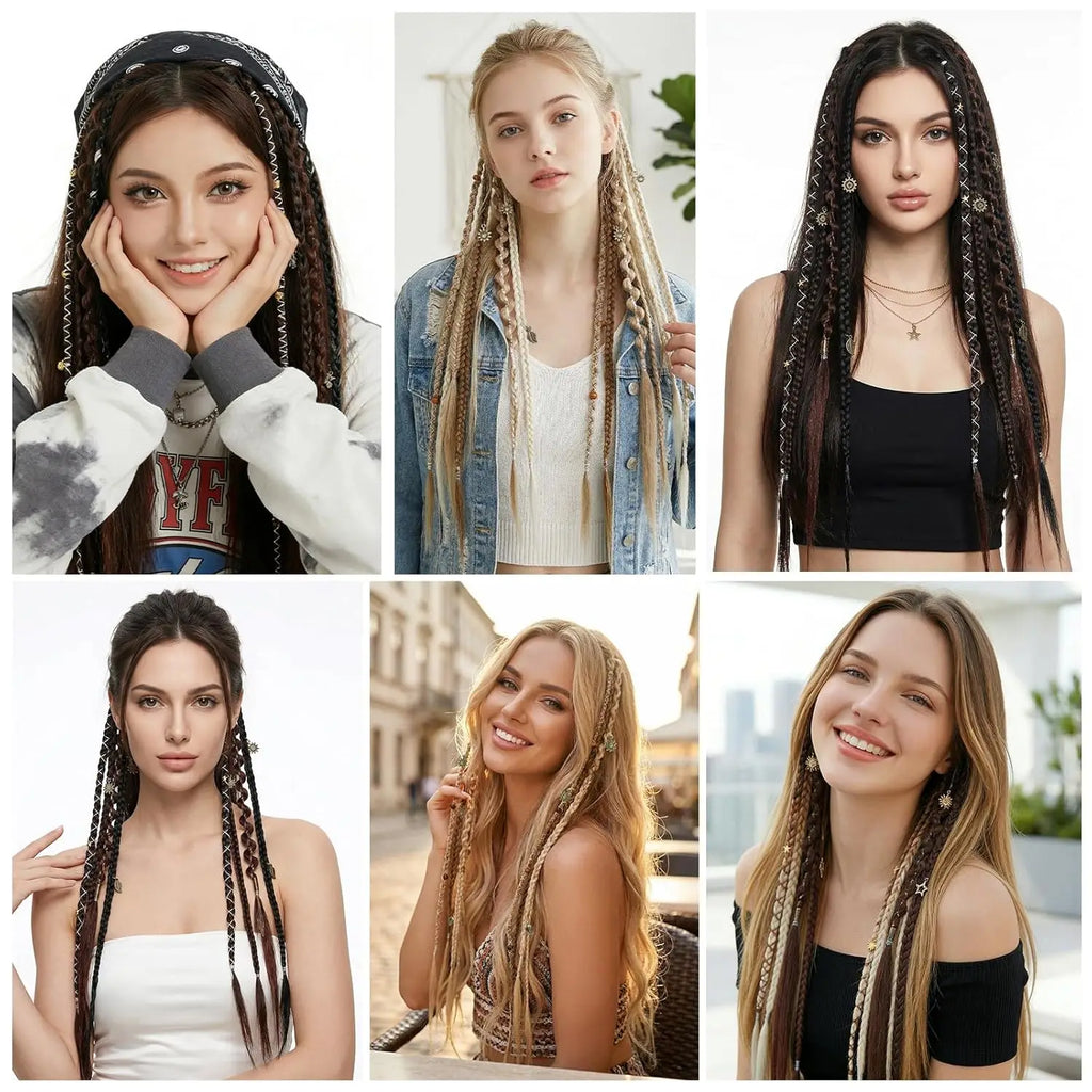 Clip in Braid Hair Extension Boho Dreadlocks Extensions with Beads & Charms 2Pcs 16in Hand-Woven Synthetic Viking Hair for Women