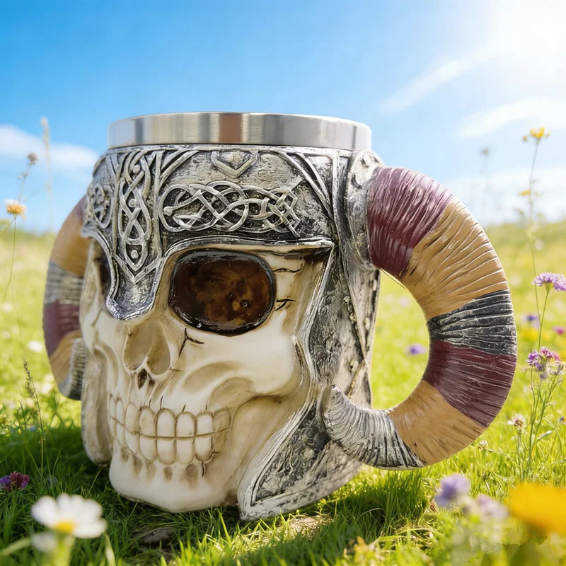 450ml/15oz Viking Skull Beer Mug, 3D Ram Horn Warrior Tankard, Resin Coffee Cup with Stainless Steel Liner, Gothic Drinking Cup