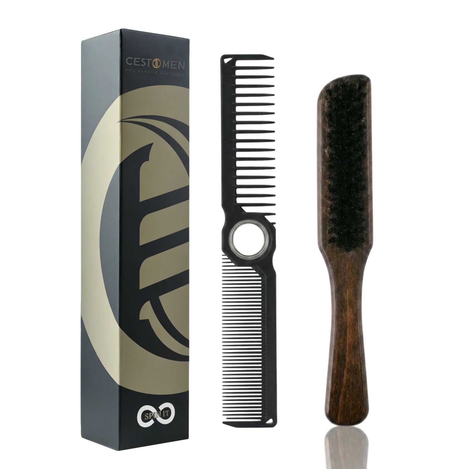 2Pcs Professional Beard Grooming Kit Spining Double Sided Barber Comb Boar Bristle Wooden Beard Brush for Men Hair Beard