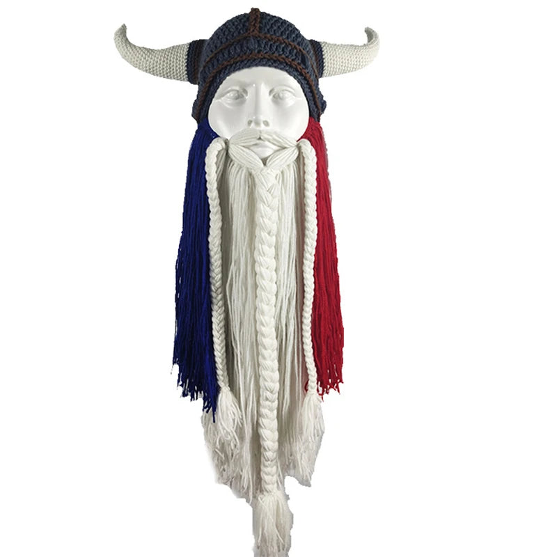 Viking Horn Hat with Detachable Beard — Knit Winter Beanie for Cosplay & Parties