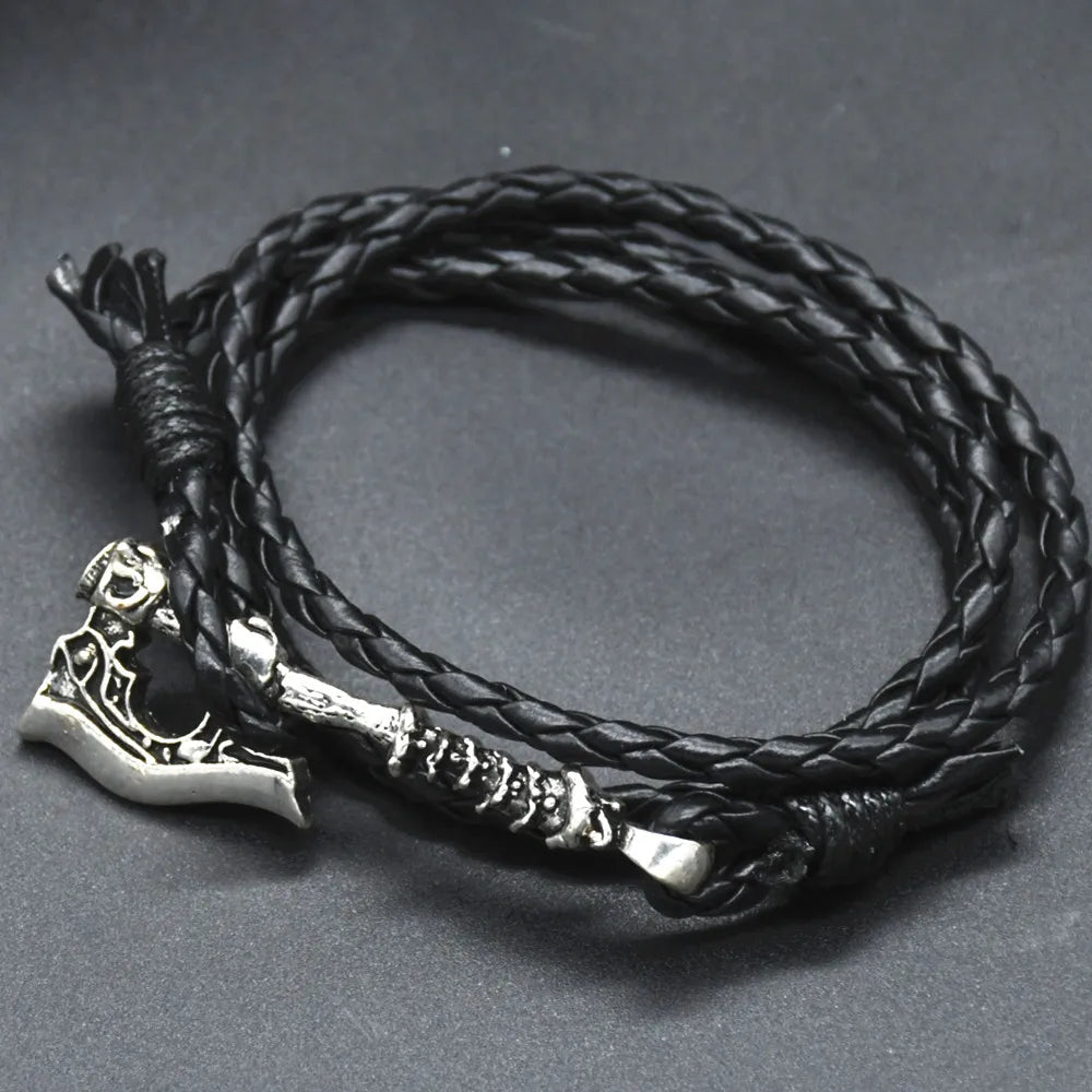 Mens Axe Viking Bracelet Irish Knot Hatchet Handmade Braided Multilayer Leather Pirate Bracelet For Male Hand Jewelry