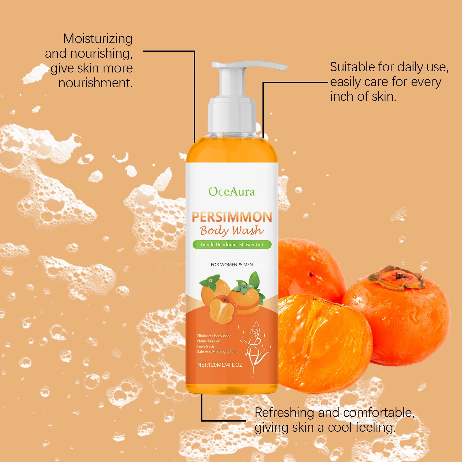 OceAura Persimmon Deodorant Body Wash Odor Eliminator Hydrating Skin Care Body Cleansing Refreshing Shower Gel for Men & Women