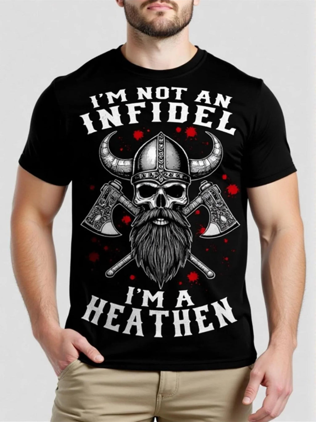 Men'S Viking Norse Heathen T-Shirt - "I'M Not An Infidel, I'M A Heathen" Featuring A Striking Viking Skull And Axes Design - Dur