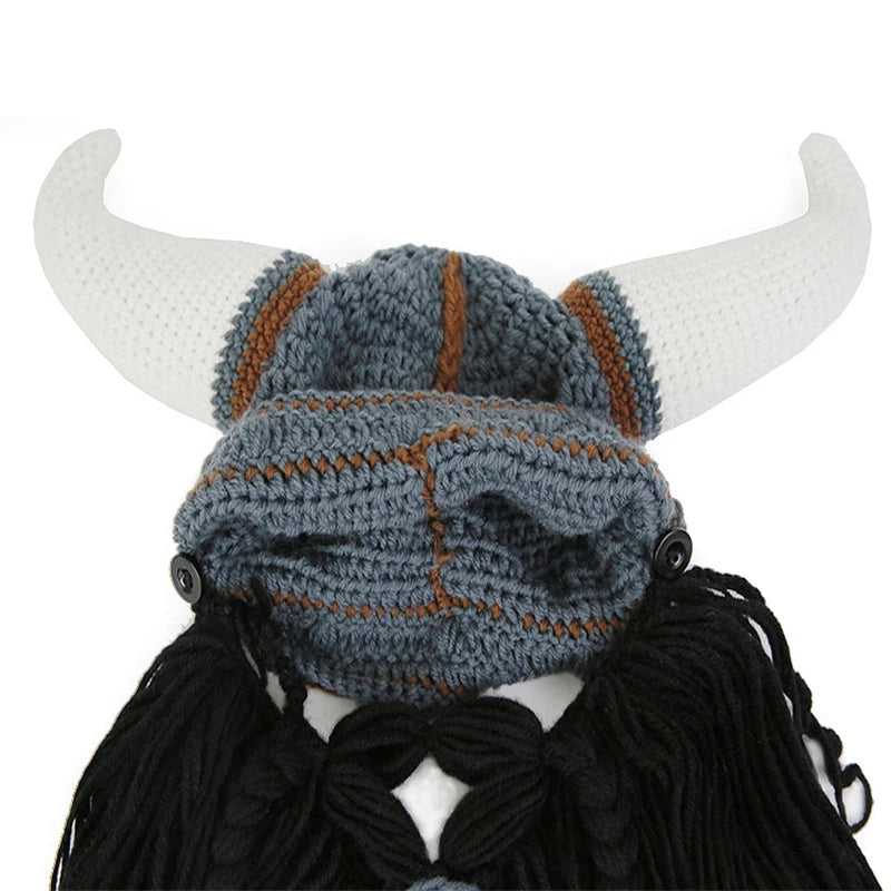 Viking Horn Hat with Detachable Beard — Knit Winter Beanie for Cosplay & Parties