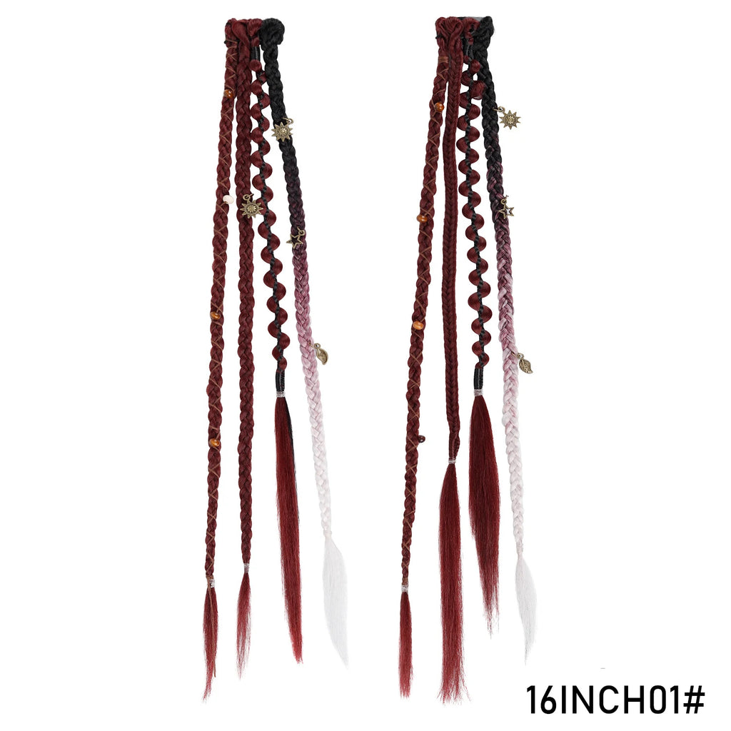 Clip in Braid Hair Extension Boho Dreadlocks Extensions with Beads & Charms 2Pcs 16in Hand-Woven Synthetic Viking Hair for Women