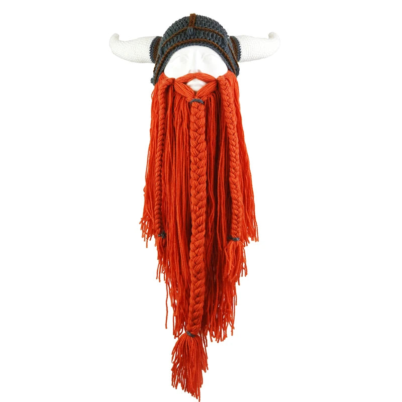 Viking Horn Hat with Detachable Beard — Knit Winter Beanie for Cosplay & Parties