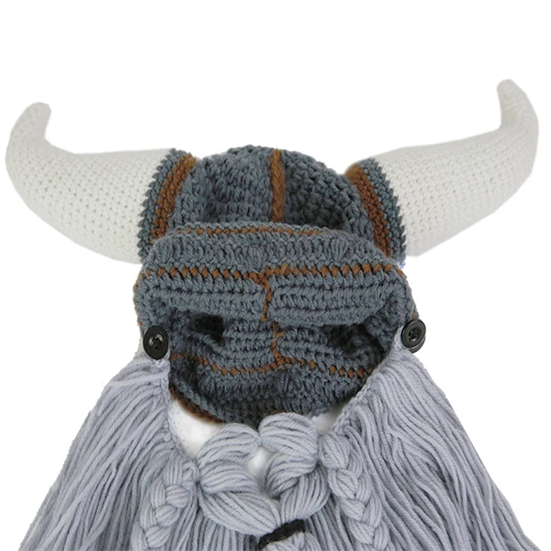 Viking Horn Hat with Detachable Beard — Knit Winter Beanie for Cosplay & Parties