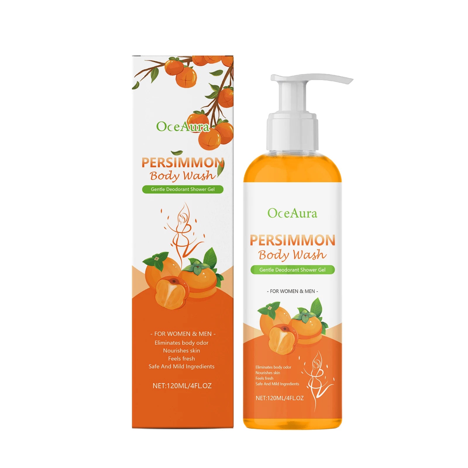 OceAura Persimmon Deodorant Body Wash Odor Eliminator Hydrating Skin Care Body Cleansing Refreshing Shower Gel for Men & Women