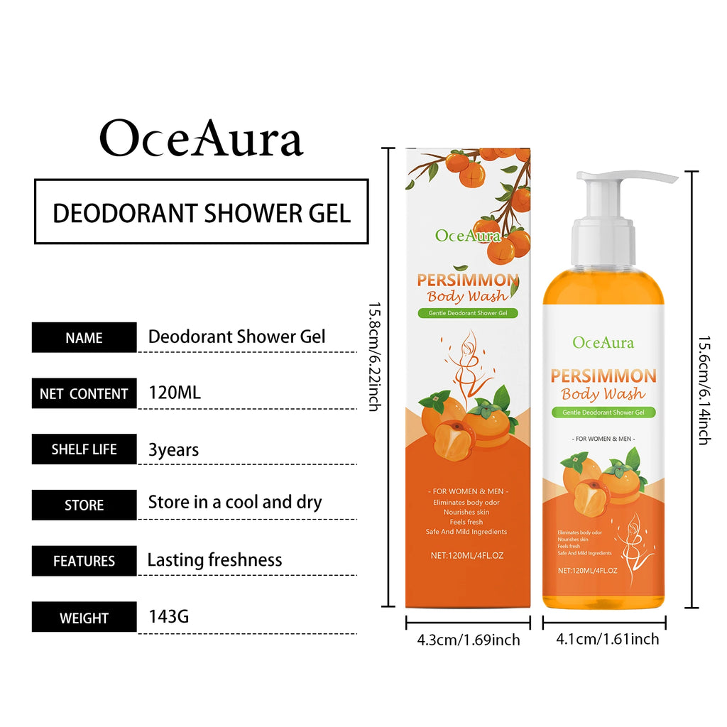 OceAura Persimmon Deodorant Body Wash Odor Eliminator Hydrating Skin Care Body Cleansing Refreshing Shower Gel for Men & Women