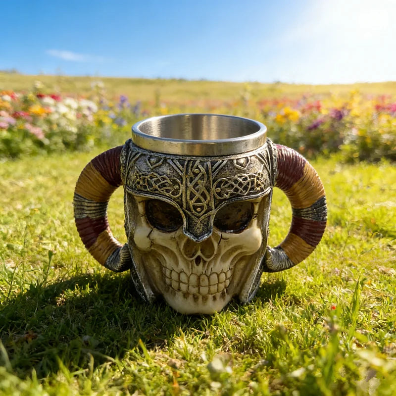 450ml/15oz Viking Skull Beer Mug, 3D Ram Horn Warrior Tankard, Resin Coffee Cup with Stainless Steel Liner, Gothic Drinking Cup