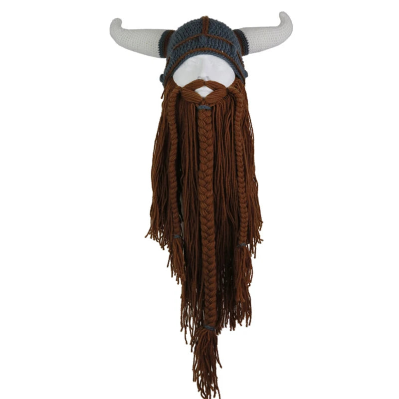 Viking Horn Hat with Detachable Beard — Knit Winter Beanie for Cosplay & Parties