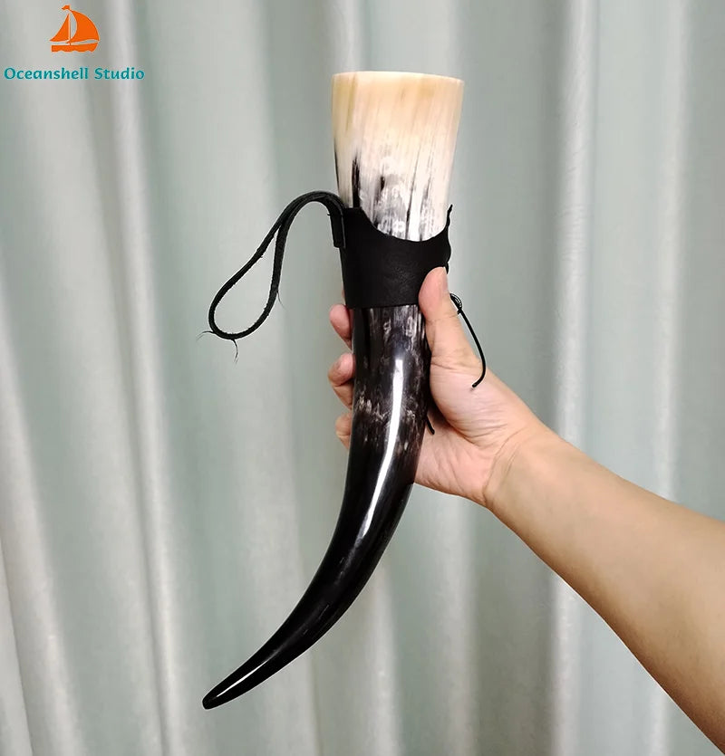 Viking Drinking Horn Mugs 380ml | Handmade Real OX Horn Cups for Ale Wine Beer Chalice Norse Tankard Vikings Style Gift for Men