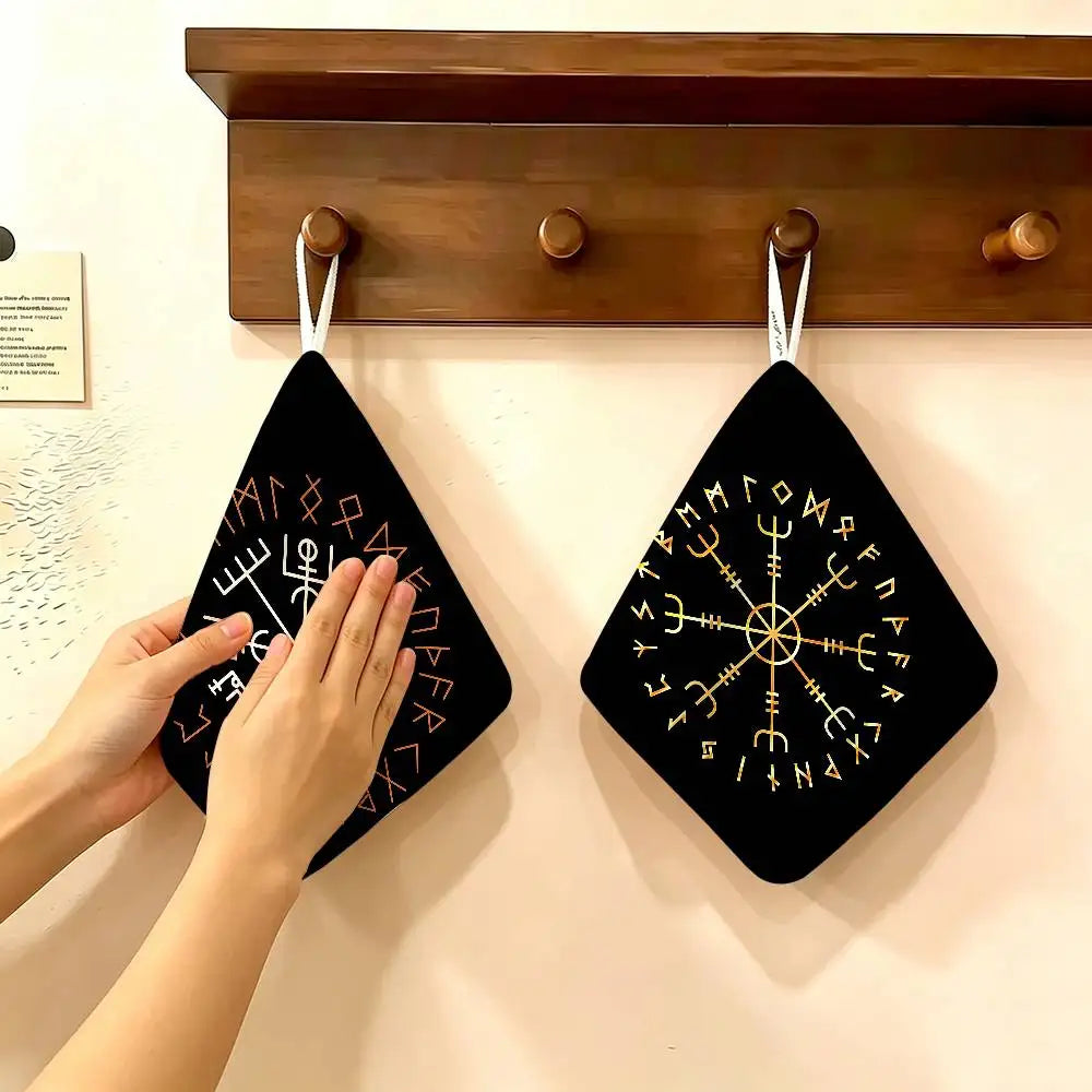 Viking-Vegvisir Logo Polyester Cotton Hand Wiping Towel, Anti-shrink Hanging Kitchen Cloth for Household Cleaning