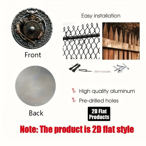 2D Flat Viking Warrior with Horned Helmet & Axe Round Tin Sign - Norse Mythology Celtic Knot Shield Art Metal Wall Decor for Hom