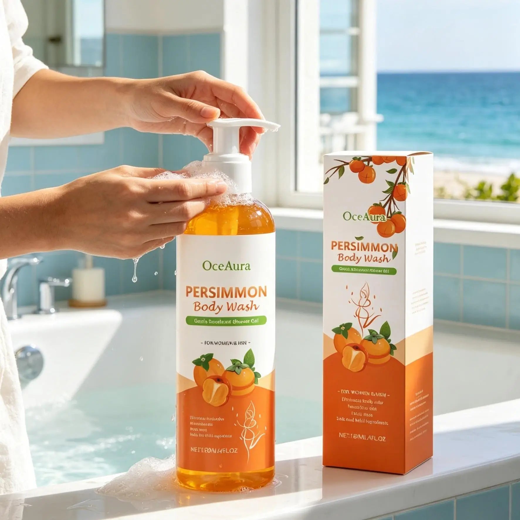 OceAura Persimmon Deodorant Body Wash Odor Eliminator Hydrating Skin Care Body Cleansing Refreshing Shower Gel for Men & Women