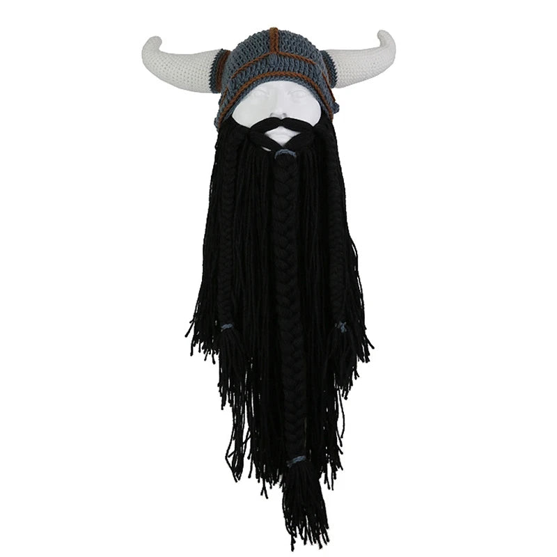 Viking Horn Hat with Detachable Beard — Knit Winter Beanie for Cosplay & Parties