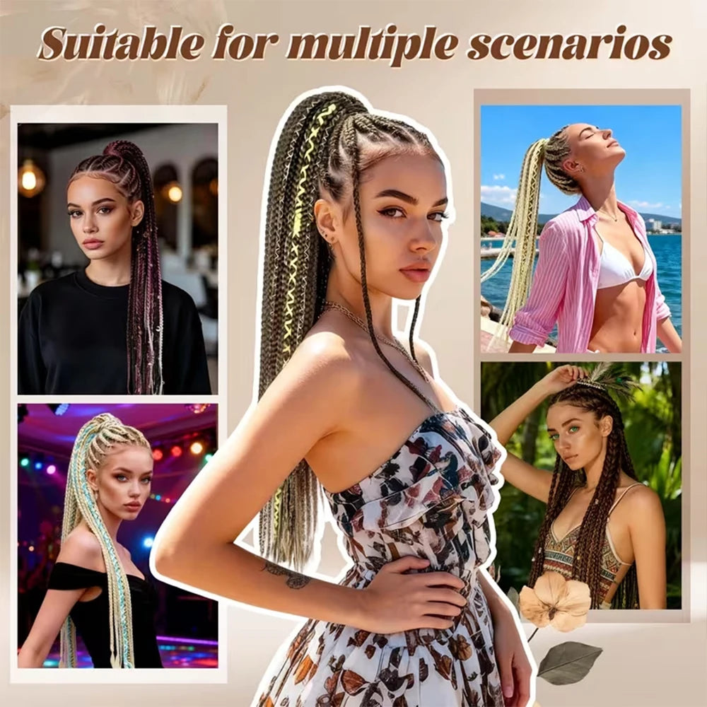 24" Boho Braided Ponytail Extension with Hair Tie Hand-Braided Viking Dreadlock Beaded Synthetic Hairpiece for Women