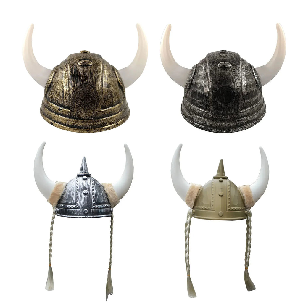 Adult Men Women Viking Horn Hat Helmet with Braids Plastic Medieval Warrior Knight Hat Halloween Cosplay Masquerade Ox Decors