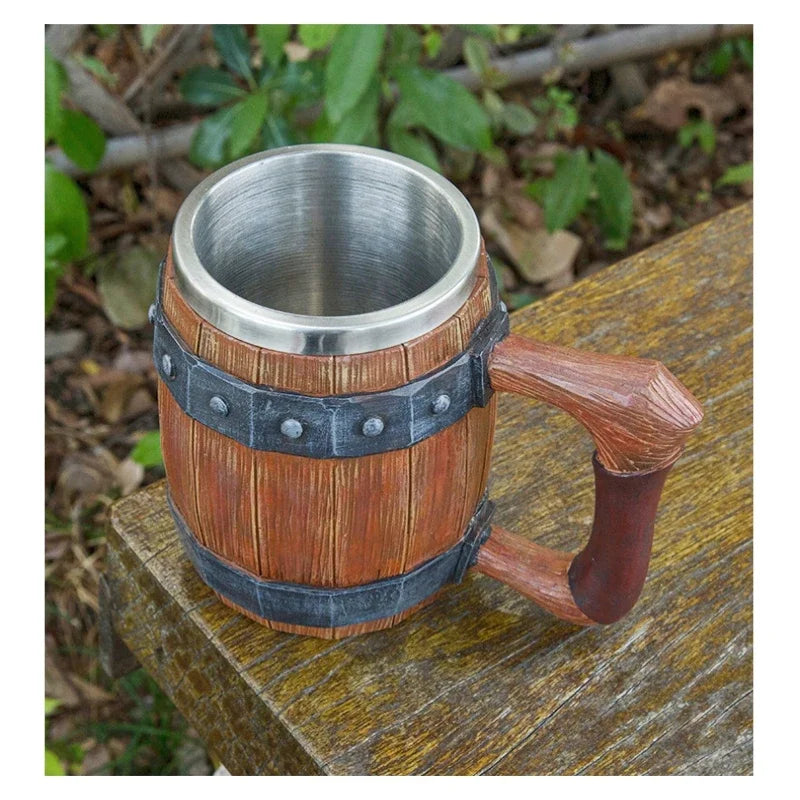 Viking Wood Barrel Beer Mug Tankard 304 Stainless Steel Liner Medieval Nordic Style Wooden Rivet Leather Wooden Beer Stein 600ml