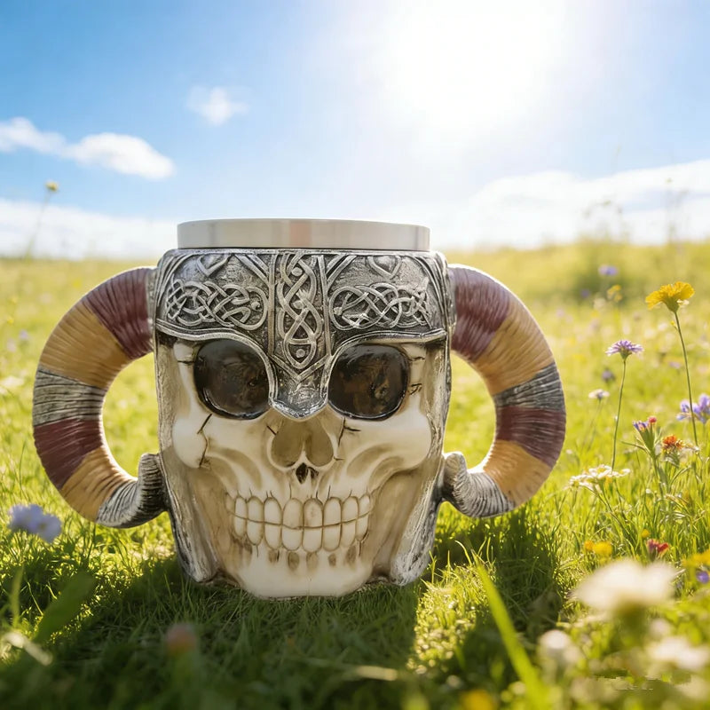 450ml/15oz Viking Skull Beer Mug, 3D Ram Horn Warrior Tankard, Resin Coffee Cup with Stainless Steel Liner, Gothic Drinking Cup