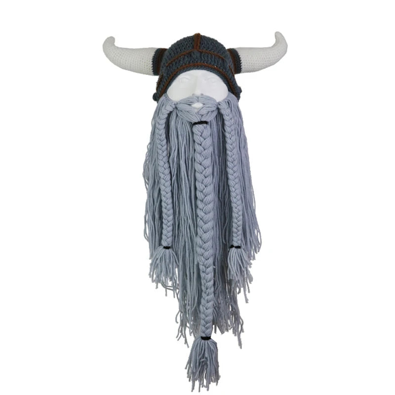 Viking Horn Hat with Detachable Beard — Knit Winter Beanie for Cosplay & Parties