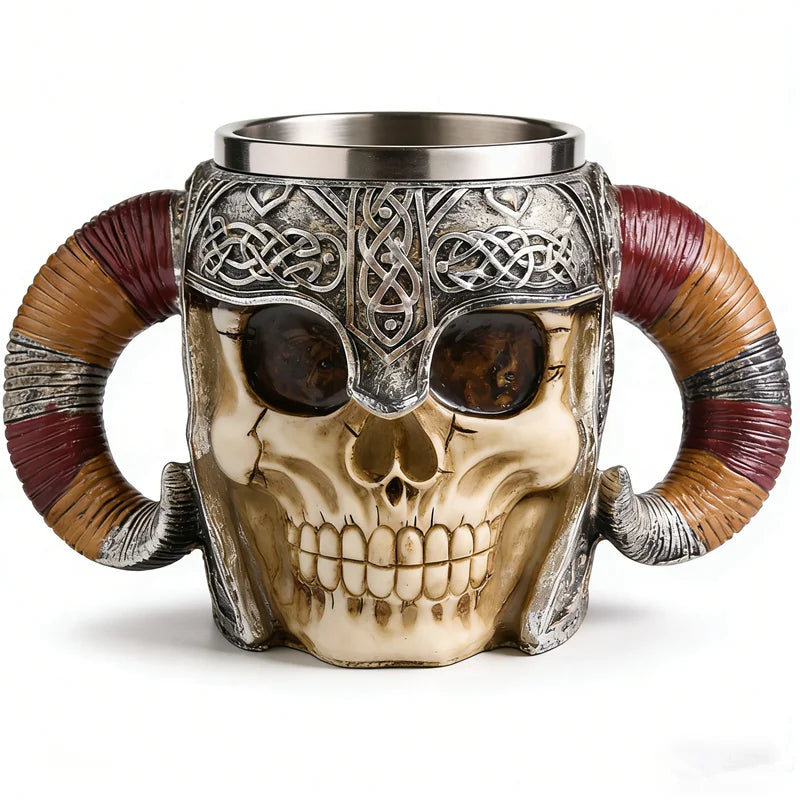 450ml/15oz Viking Skull Beer Mug, 3D Ram Horn Warrior Tankard, Resin Coffee Cup with Stainless Steel Liner, Gothic Drinking Cup