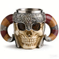 450ml/15oz Viking Skull Beer Mug, 3D Ram Horn Warrior Tankard, Resin Coffee Cup with Stainless Steel Liner, Gothic Drinking Cup