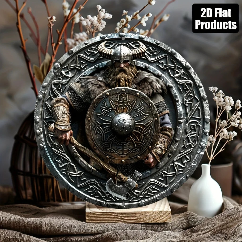 2D Flat Viking Warrior with Horned Helmet & Axe Round Tin Sign - Norse Mythology Celtic Knot Shield Art Metal Wall Decor for Hom