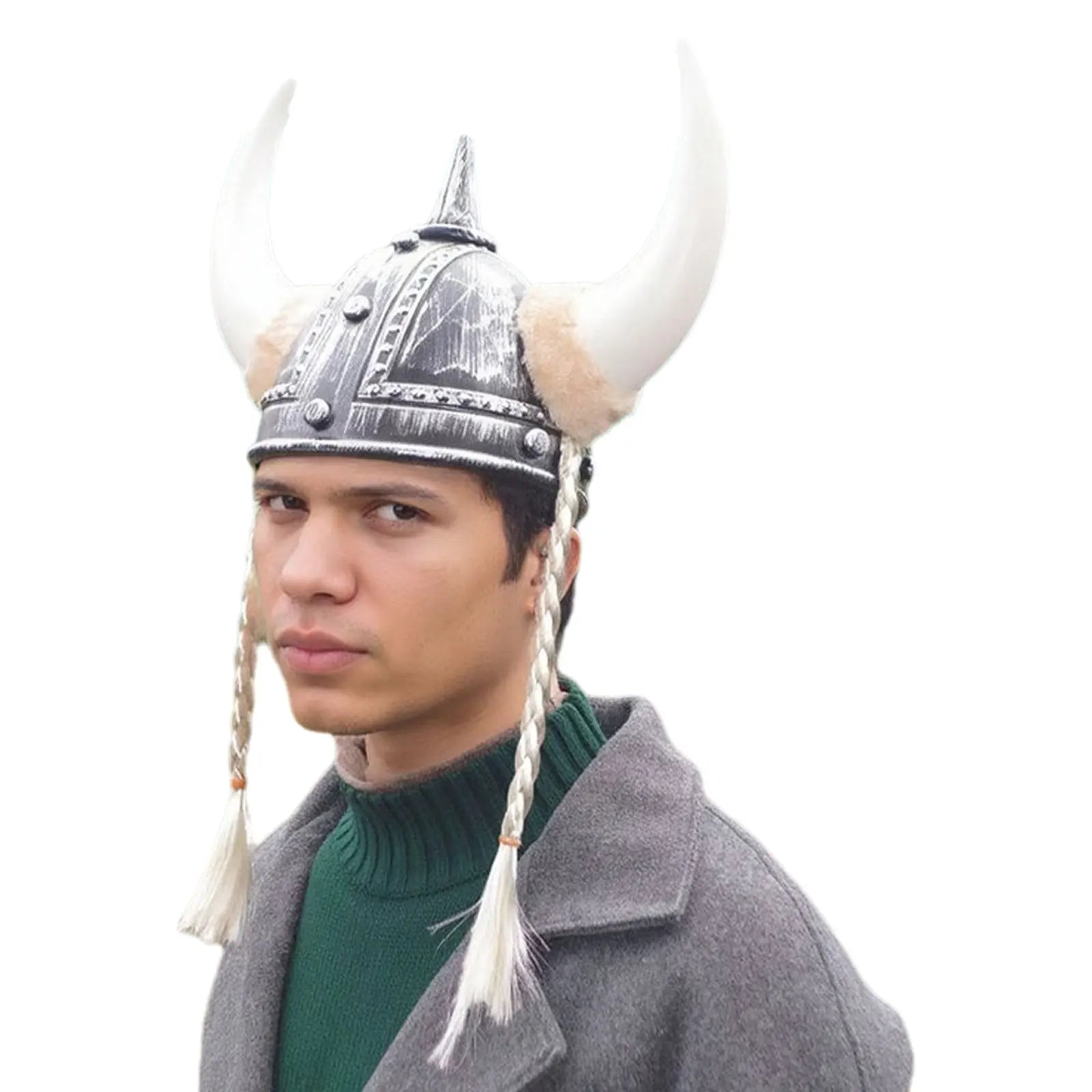 Adult Men Women Viking Horn Hat Helmet with Braids Plastic Medieval Warrior Knight Hat Halloween Cosplay Masquerade Ox Decors