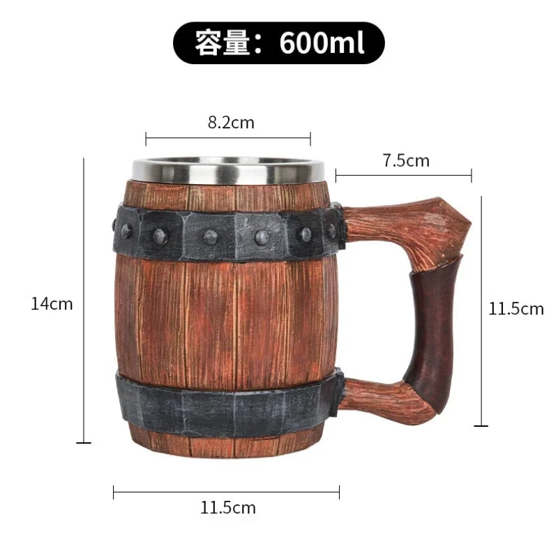 Viking Wood Barrel Beer Mug Tankard 304 Stainless Steel Liner Medieval Nordic Style Wooden Rivet Leather Wooden Beer Stein 600ml