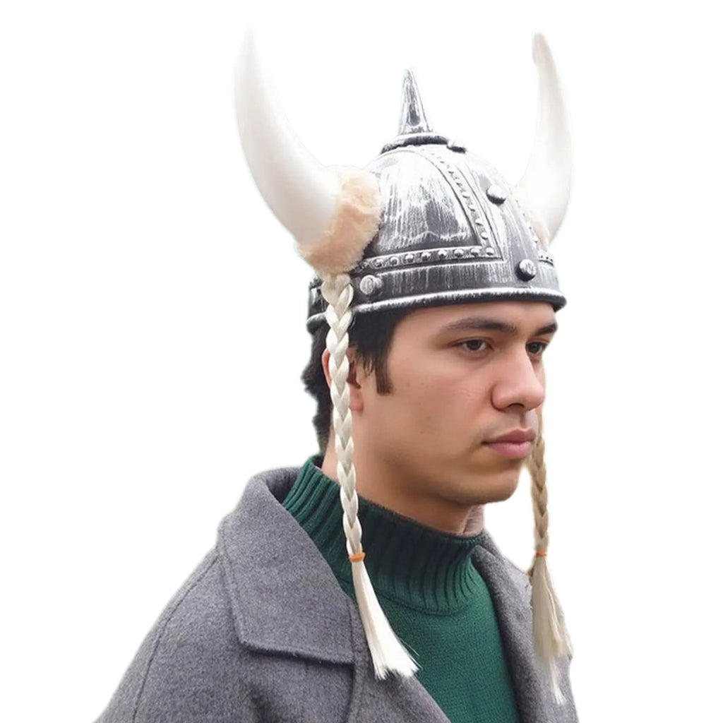 Adult Men Women Viking Horn Hat Helmet with Braids Plastic Medieval Warrior Knight Hat Halloween Cosplay Masquerade Ox Decors