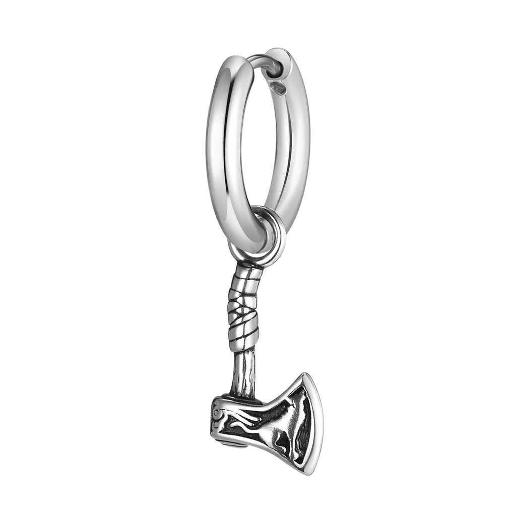 Vnox Viking Axe Hoop Earrings for Men, Stainless Steel Drop Dangle Ear Jewelry, Retro Norse Mythology Hatchet Jewelry Gift
