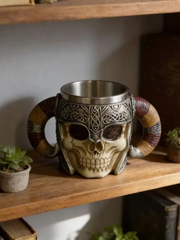 450ml/15oz Viking Skull Beer Mug, 3D Ram Horn Warrior Tankard, Resin Coffee Cup with Stainless Steel Liner, Gothic Drinking Cup