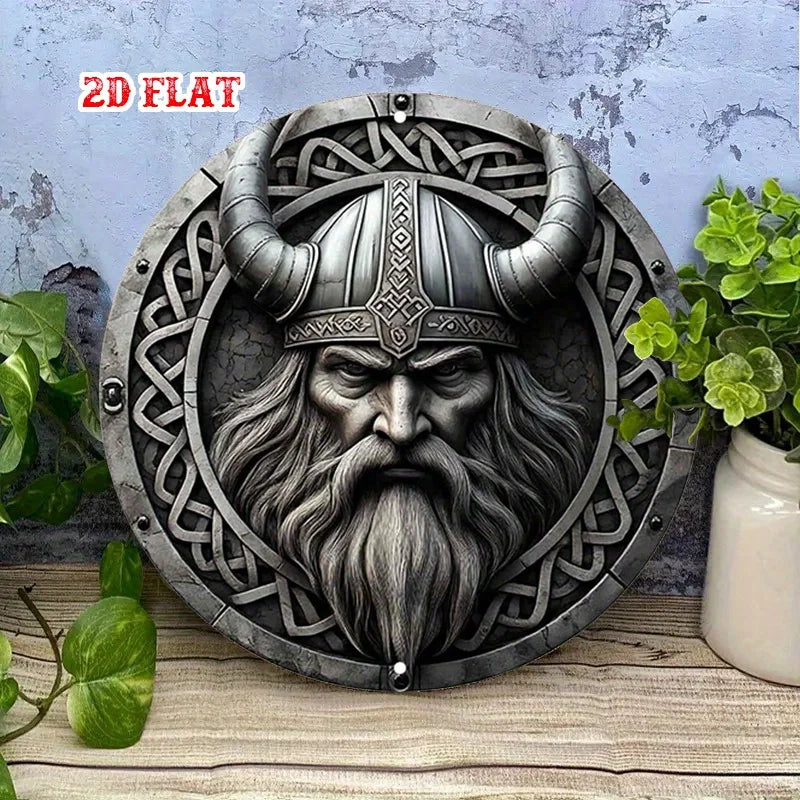 Viking Metal Wall Art Decor, Norse Warrior Aluminum Round Sign with Celtic Knot & Horned Helmet, 7.87x7.87 Inch Retro Home Garag