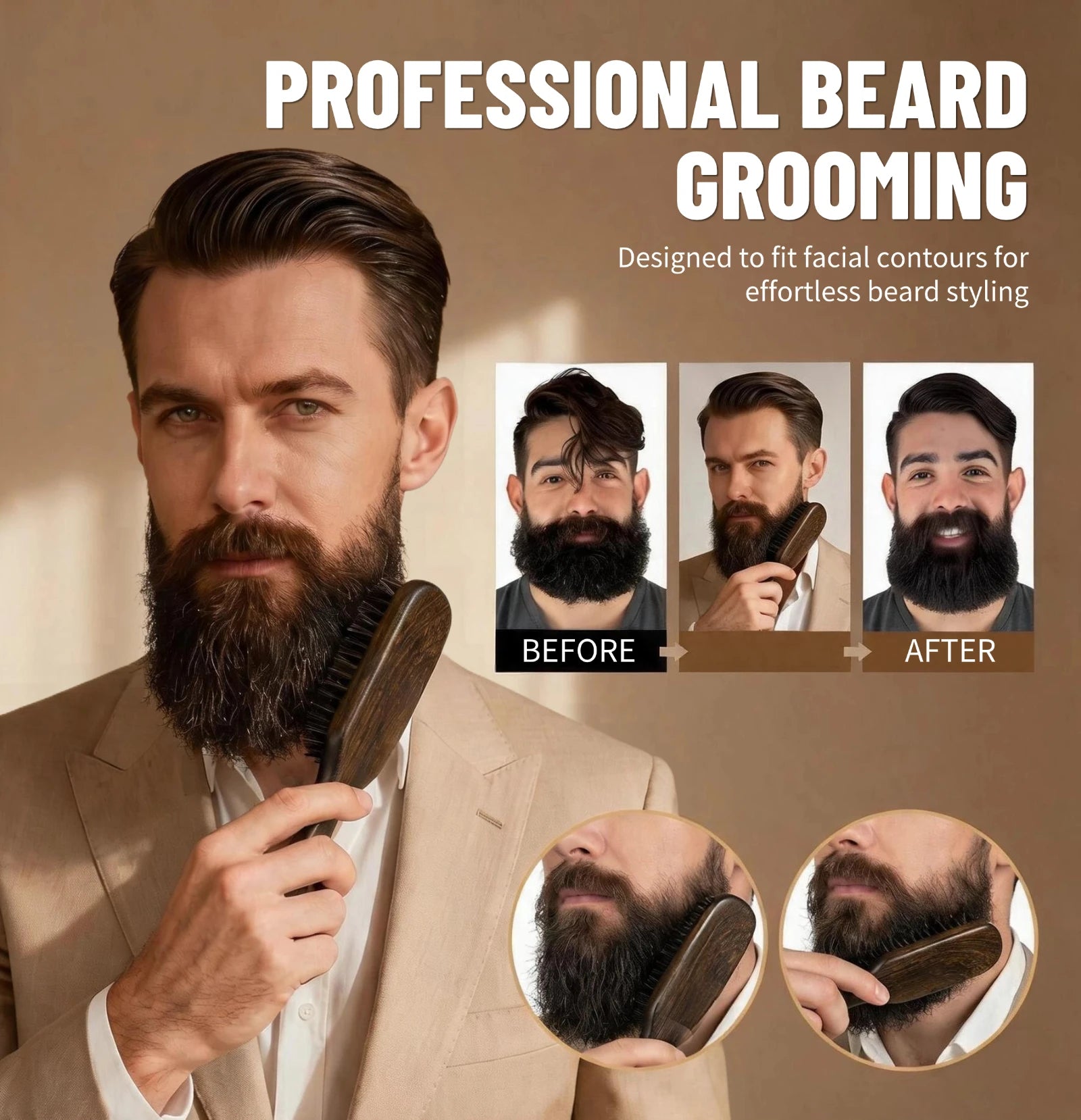 2Pcs Professional Beard Grooming Kit Spining Double Sided Barber Comb Boar Bristle Wooden Beard Brush for Men Hair Beard