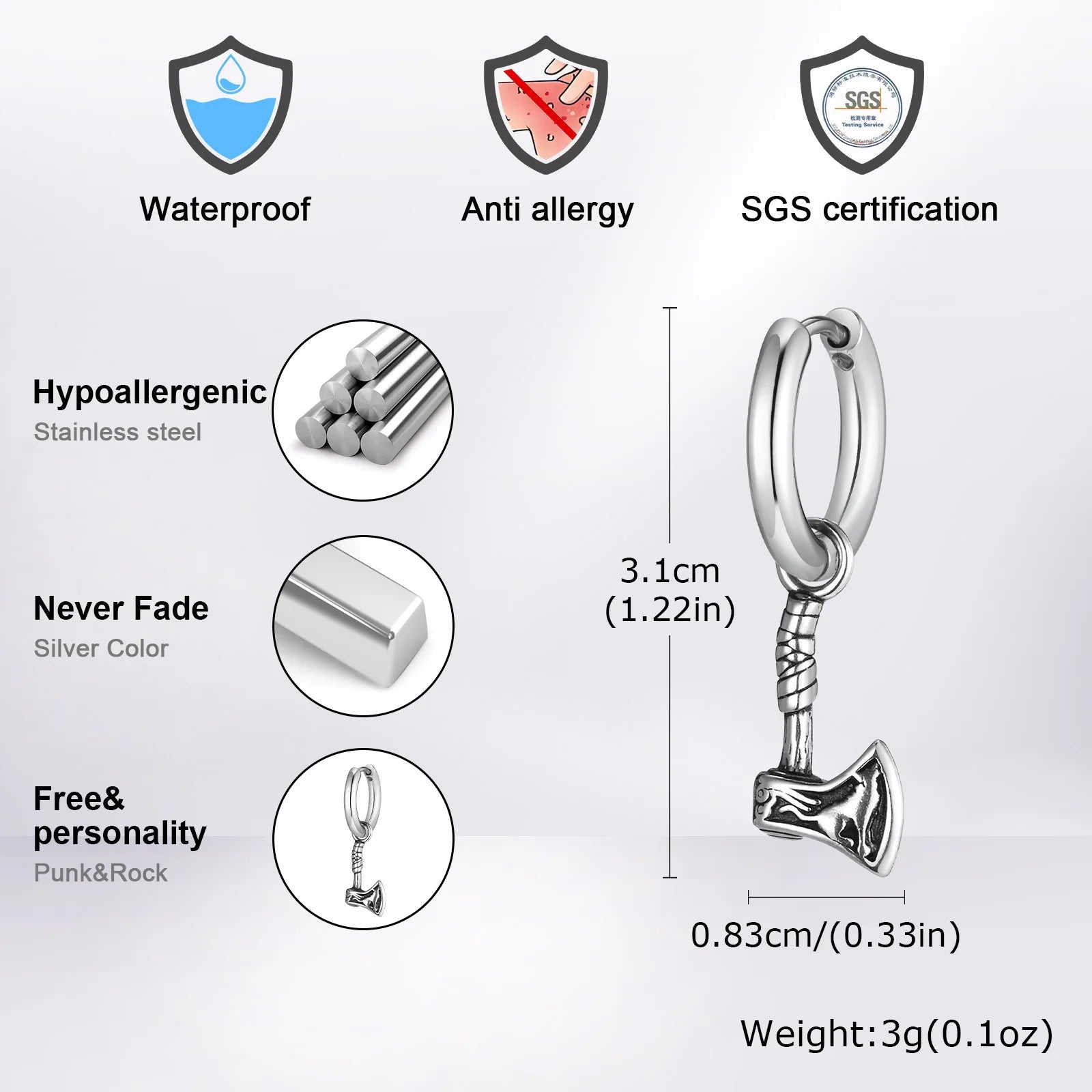 Vnox Viking Axe Hoop Earrings for Men, Stainless Steel Drop Dangle Ear Jewelry, Retro Norse Mythology Hatchet Jewelry Gift