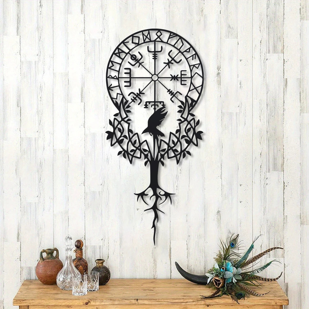 Viking Symbol Metal Wall Art, Black Nordic Decor, Vegvisir Compass Design, Amulet Protection, Meaningful Viking Gift, 15.75in