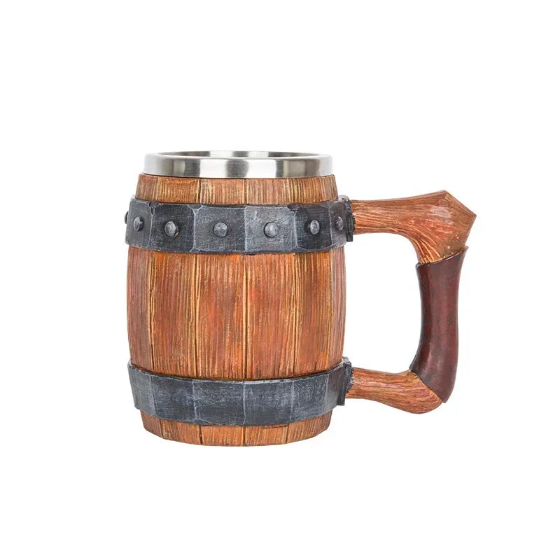 Viking Wood Barrel Beer Mug Tankard 304 Stainless Steel Liner Medieval Nordic Style Wooden Rivet Leather Wooden Beer Stein 600ml