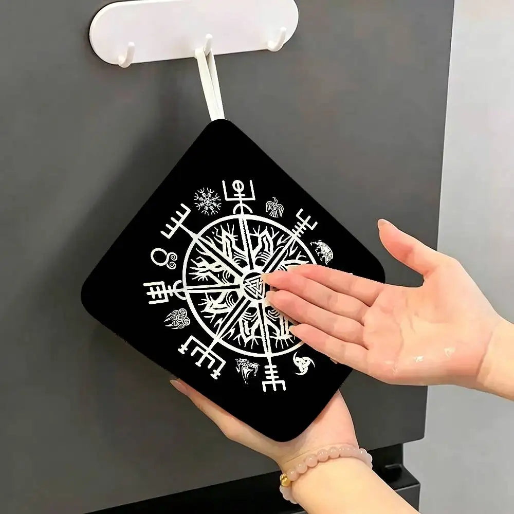 Viking-Vegvisir Logo Polyester Cotton Hand Wiping Towel, Anti-shrink Hanging Kitchen Cloth for Household Cleaning