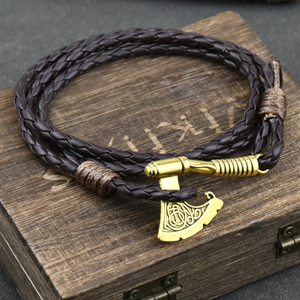Mens Axe Viking Bracelet Irish Knot Hatchet Handmade Braided Multilayer Leather Pirate Bracelet For Male Hand Jewelry